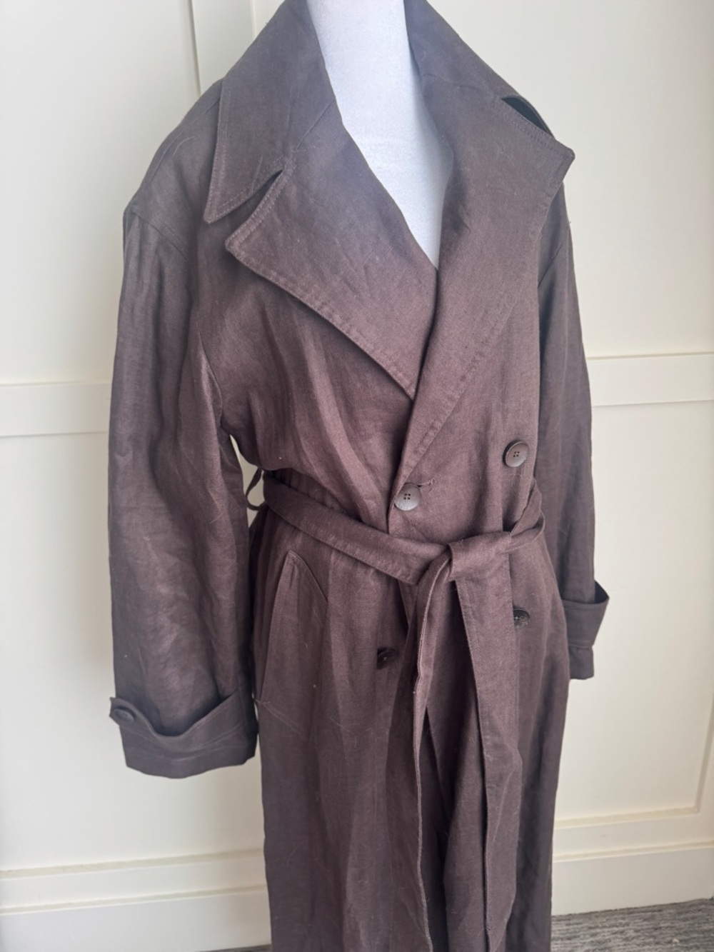 Mango Brown Double-Breasted Linen Trench Coat - Picture 2 of 16